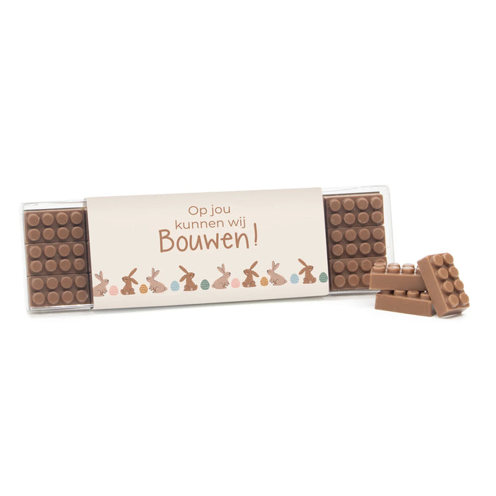 Box met 18 chocolade bouwstenen eigen sleeve - Pasen Box met 18 chocolade bouwstenen eigen sleeve - Pasen