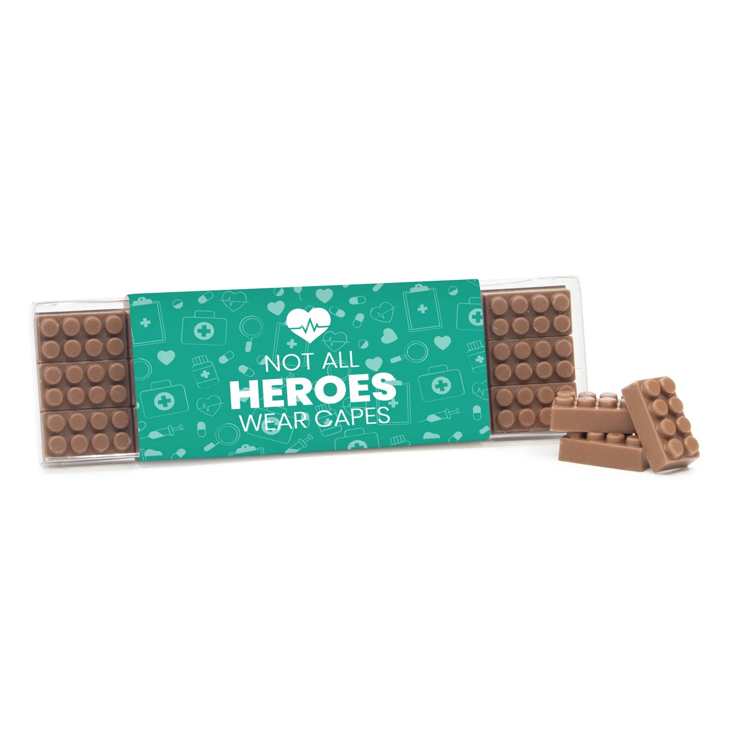 Box met 18 chocolade bouwstenen eigen sleeve - Verpleging - Bedankjes.nl
