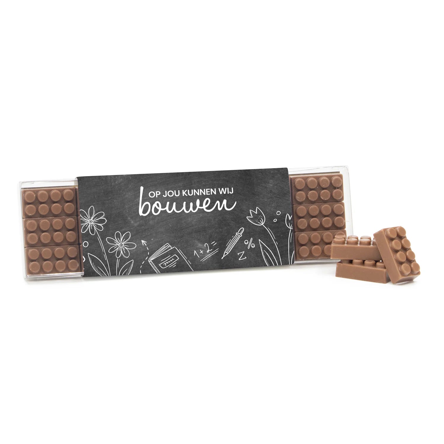 Blisterbox met 18 chocolade bouwstenen eigen sleeve - Leraar - Bedankjes.nl