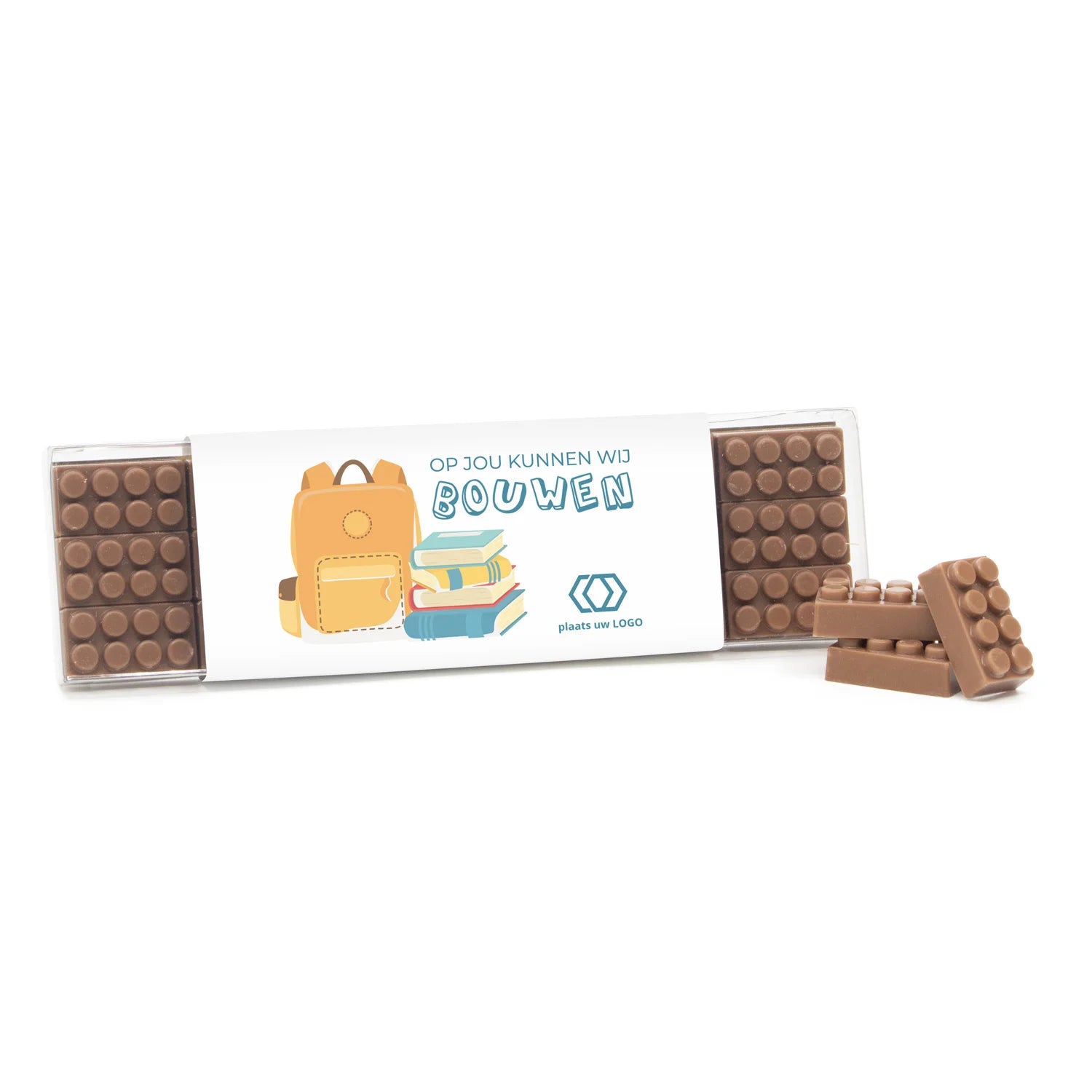Blisterbox met 18 chocolade bouwstenen eigen sleeve - Leraar - Bedankjes.nl