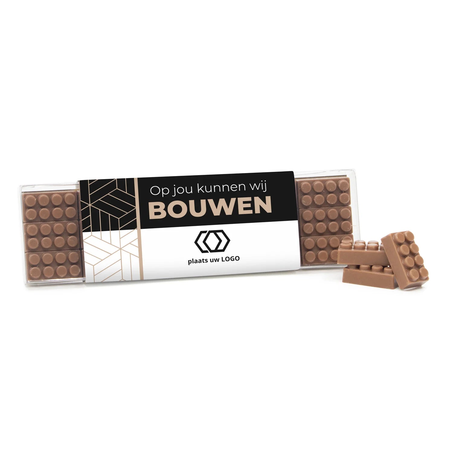 Blisterbox met 18 chocolade bouwstenen eigen sleeve - Vrijwilliger - Bedankjes.nl