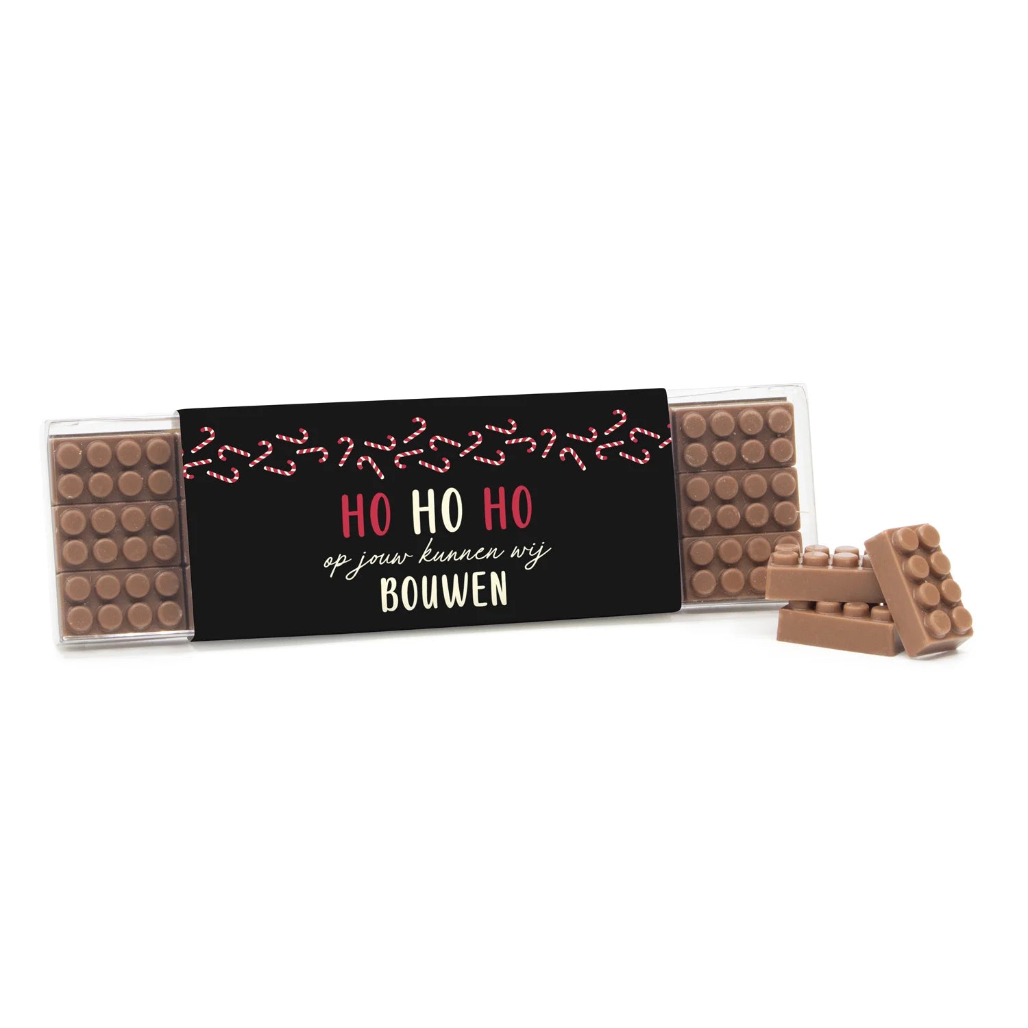 Box met 18 chocolade bouwstenen eigen sleeve - Kerst - Bedankjes.nl