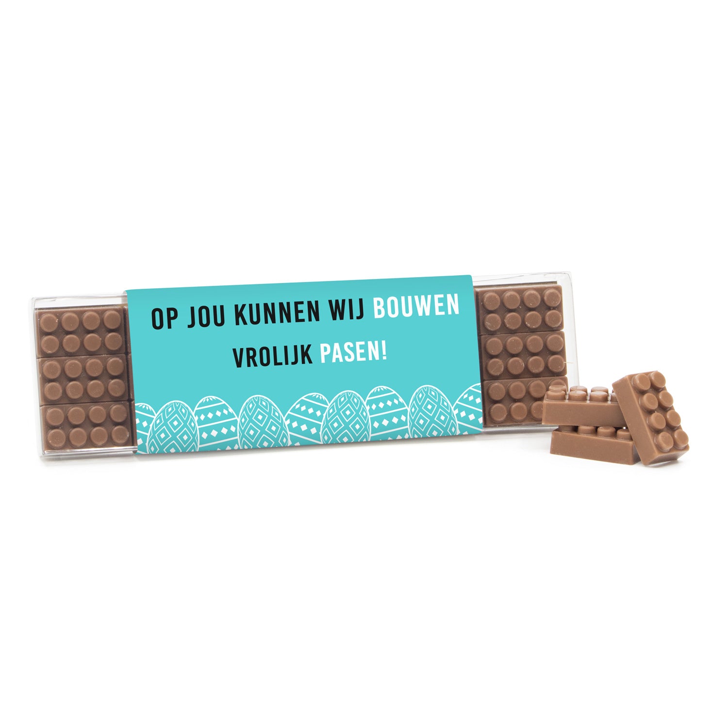 Box met 18 chocolade bouwstenen eigen sleeve - Pasen - Bedankjes.nl