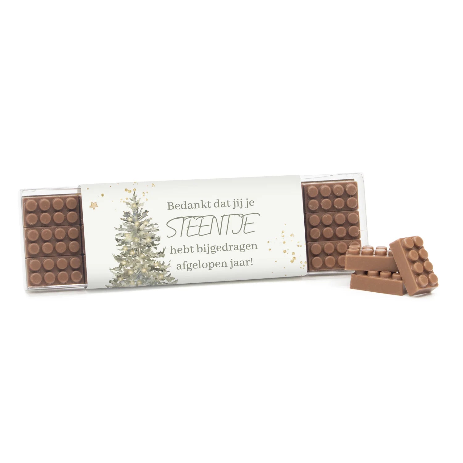 Box met 18 chocolade bouwstenen eigen sleeve - Kerst - Bedankjes.nl