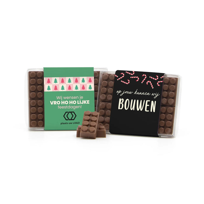 Doosje met 10 chocolade bouwstenen eigen sleeve - Kerst Doosje met 10 chocolade bouwstenen eigen sleeve - Kerst