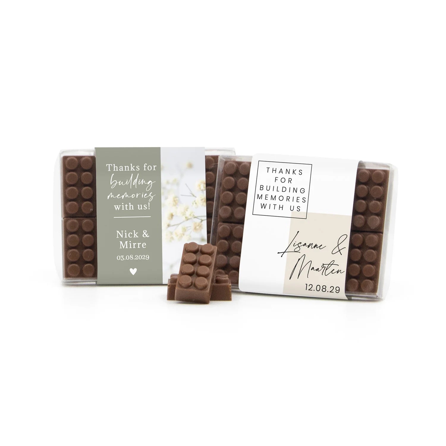 Chocolade bouwstenen met eigen sleeve - Trouwen - Bedankjes.nl