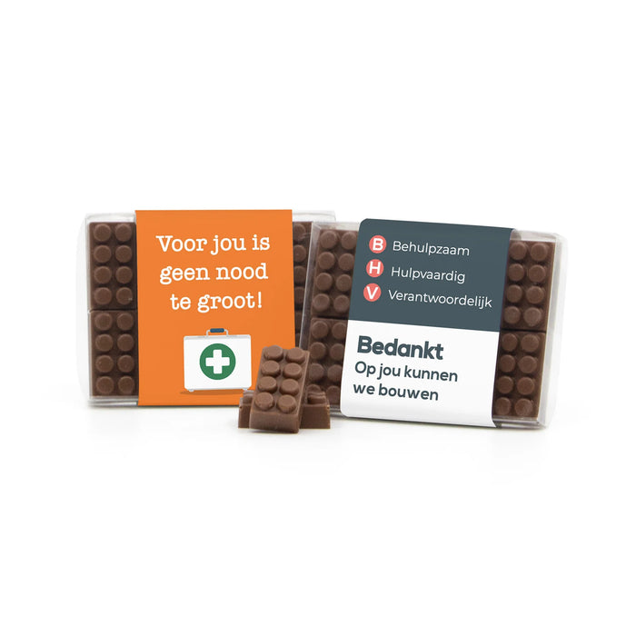 Chocolade bouwstenen met eigen sleeve - BHV Chocolade bouwstenen met eigen sleeve - BHV