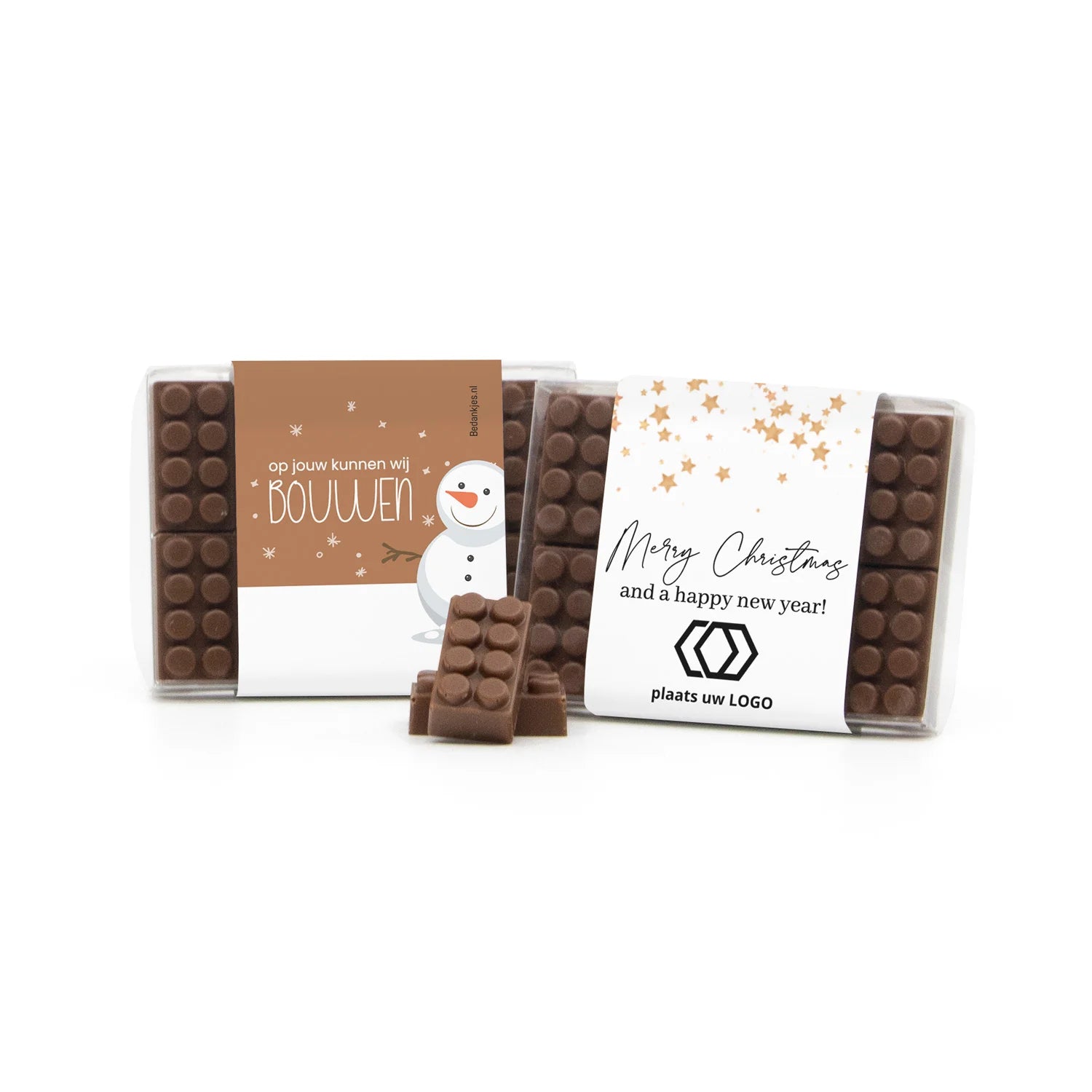 Doosje met 10 chocolade bouwstenen eigen sleeve - Kerst - Bedankjes.nl