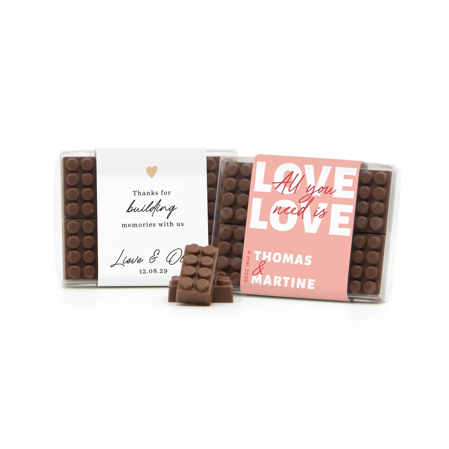 Chocolade bouwstenen met eigen sleeve - Trouwen - Bedankjes.nl