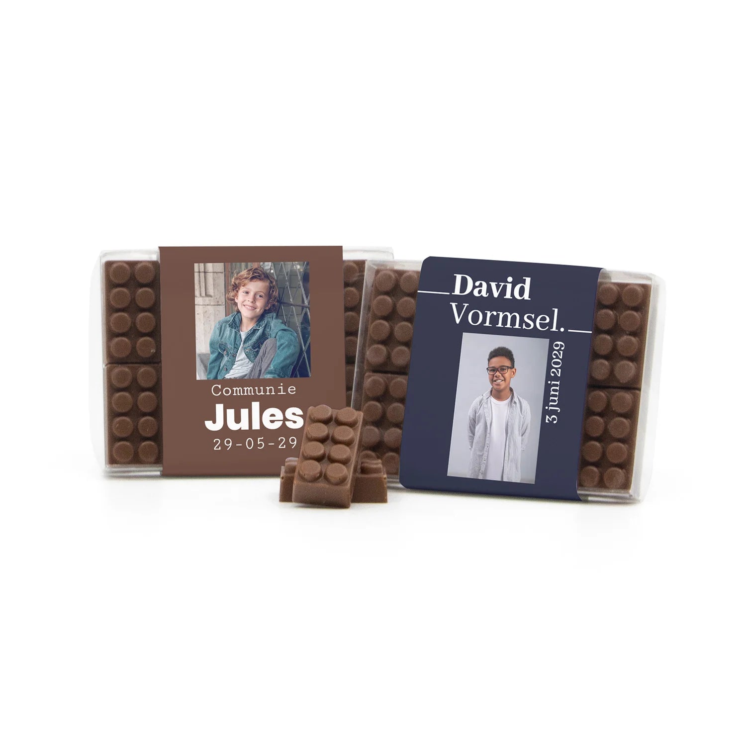 Chocolade bouwstenen met eigen sleeve - Communie Jongen