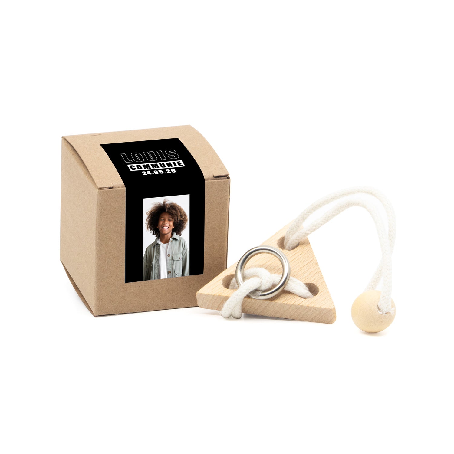 Kubusdoosje met breinbreker driehoek- Communie jongen - Bedankjes.nl