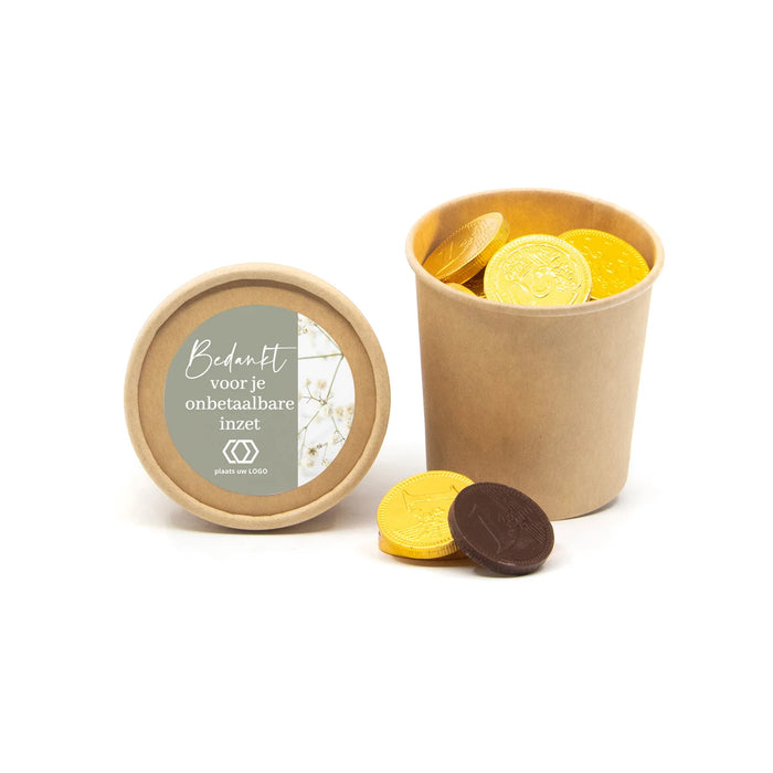 Bio kraftbekertje met chocolade munten - Vrijwilliger Bio kraftbekertje met chocolade munten - Vrijwilliger
