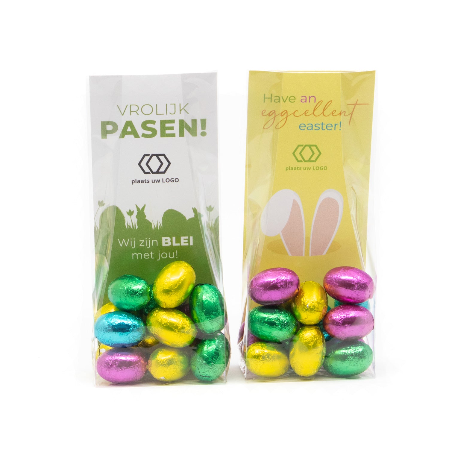 Zak met 100 gram paaseitjes en eigen kaart - Pasen - Bedankjes.nl