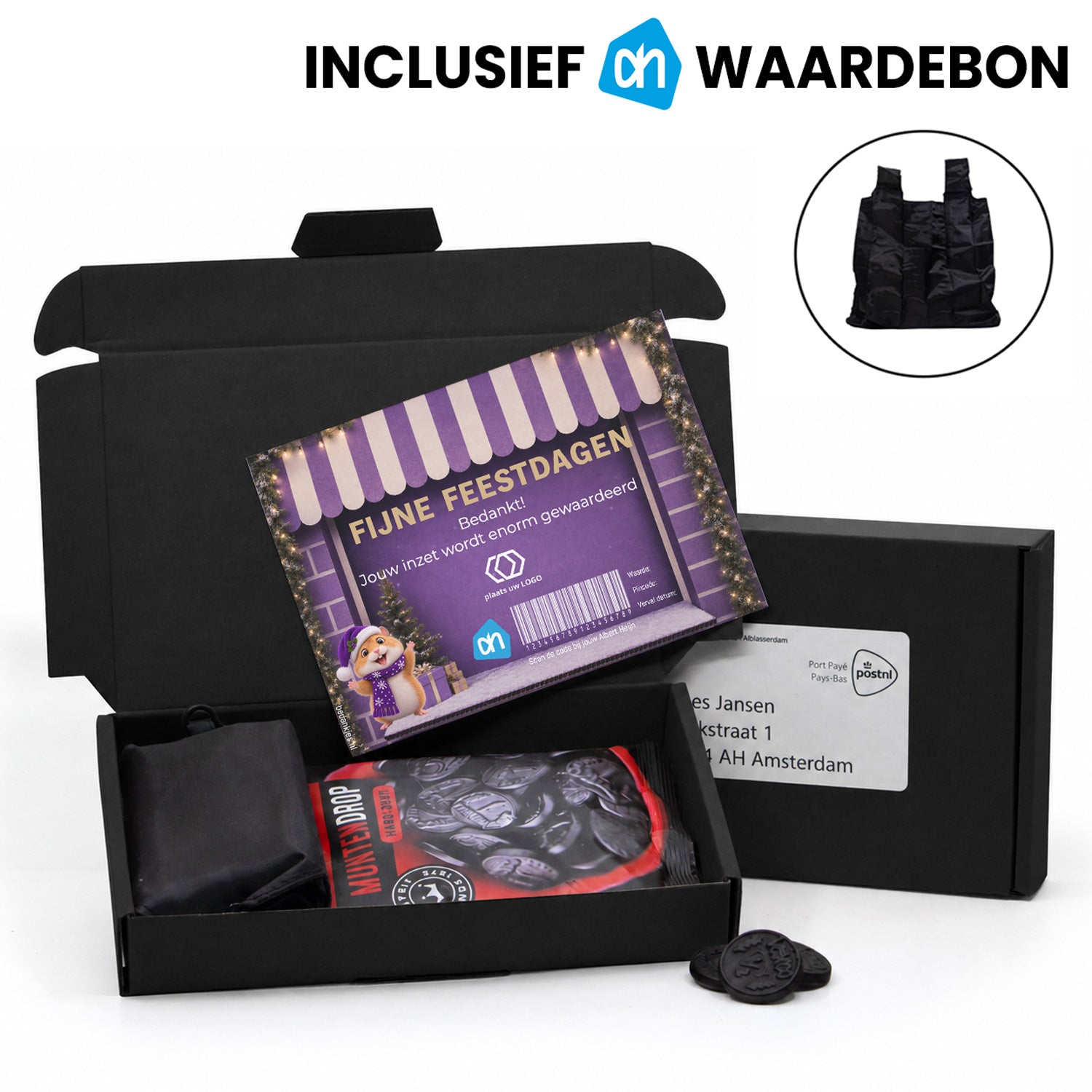 AH pakketje met cadeaubon, muntdrop en tasje - Kerst