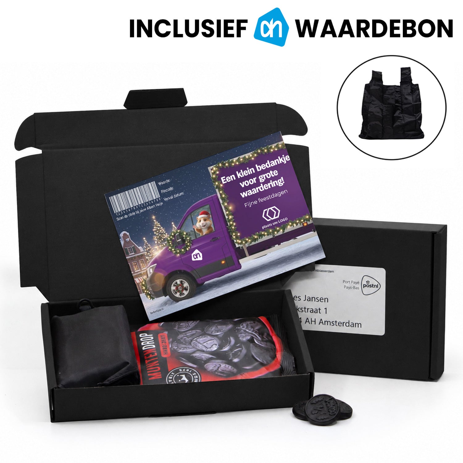 AH pakketje met cadeaubon, muntdrop en tasje - Kerst