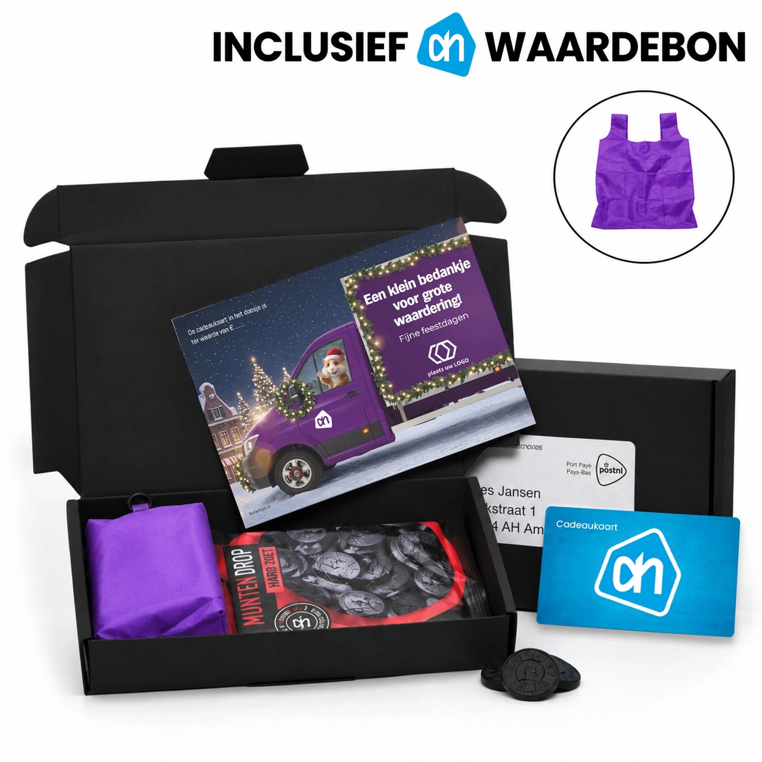 AH pakketje met cadeaubon, muntdrop en tasje - Kerst - Bedankjes.nl