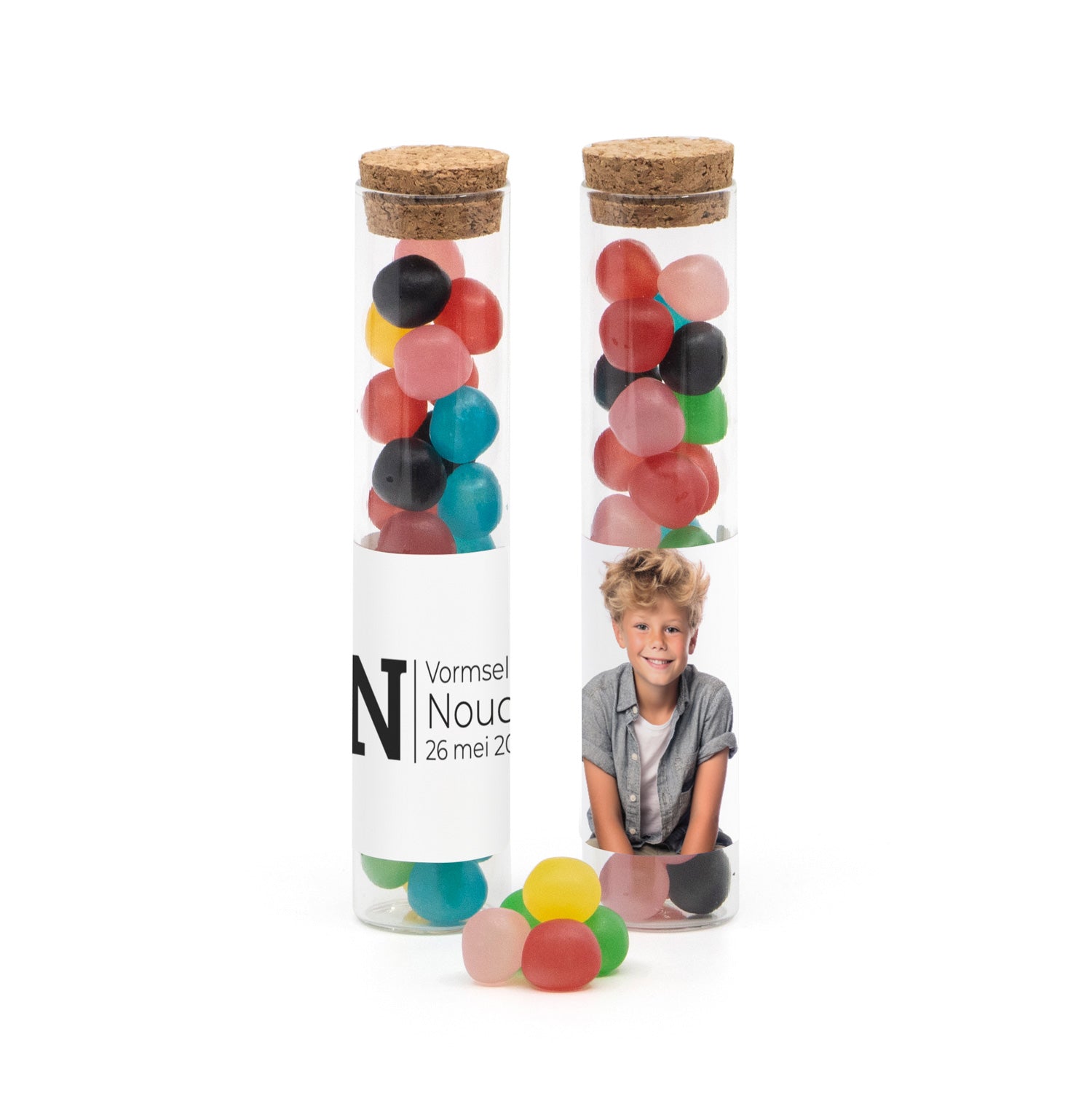 Glazen buisje met snoepjes - Communie jongens - Bedankjes.nl