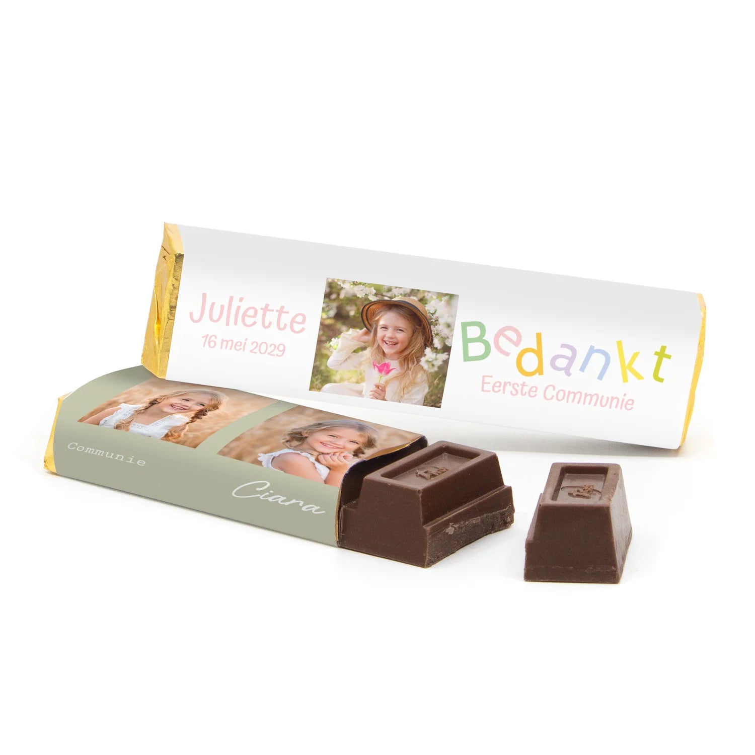 Chocoladereep 75 gram met eigen wikkel - Communie meisjes