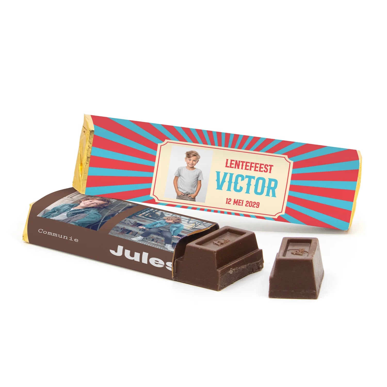 Chocoladereep 75 gram met eigen wikkel - Communie jongens