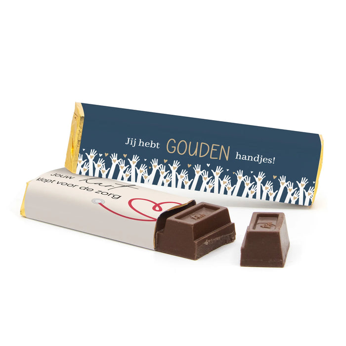 Chocoladereep 75 gram met eigen wikkel - Verpleging Chocoladereep 75 gram met eigen wikkel - Verpleging