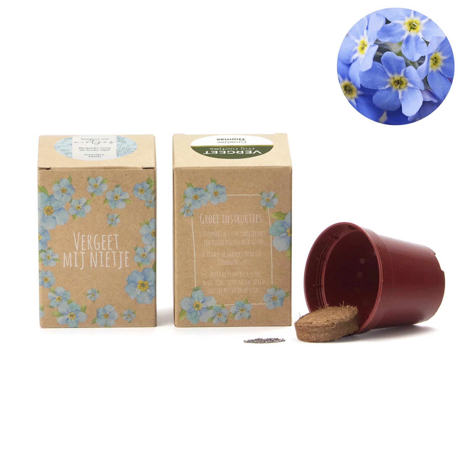 Vergeet mij nietjes kweekset met eigen etiket - Afscheid collega - Bedankjes.nl