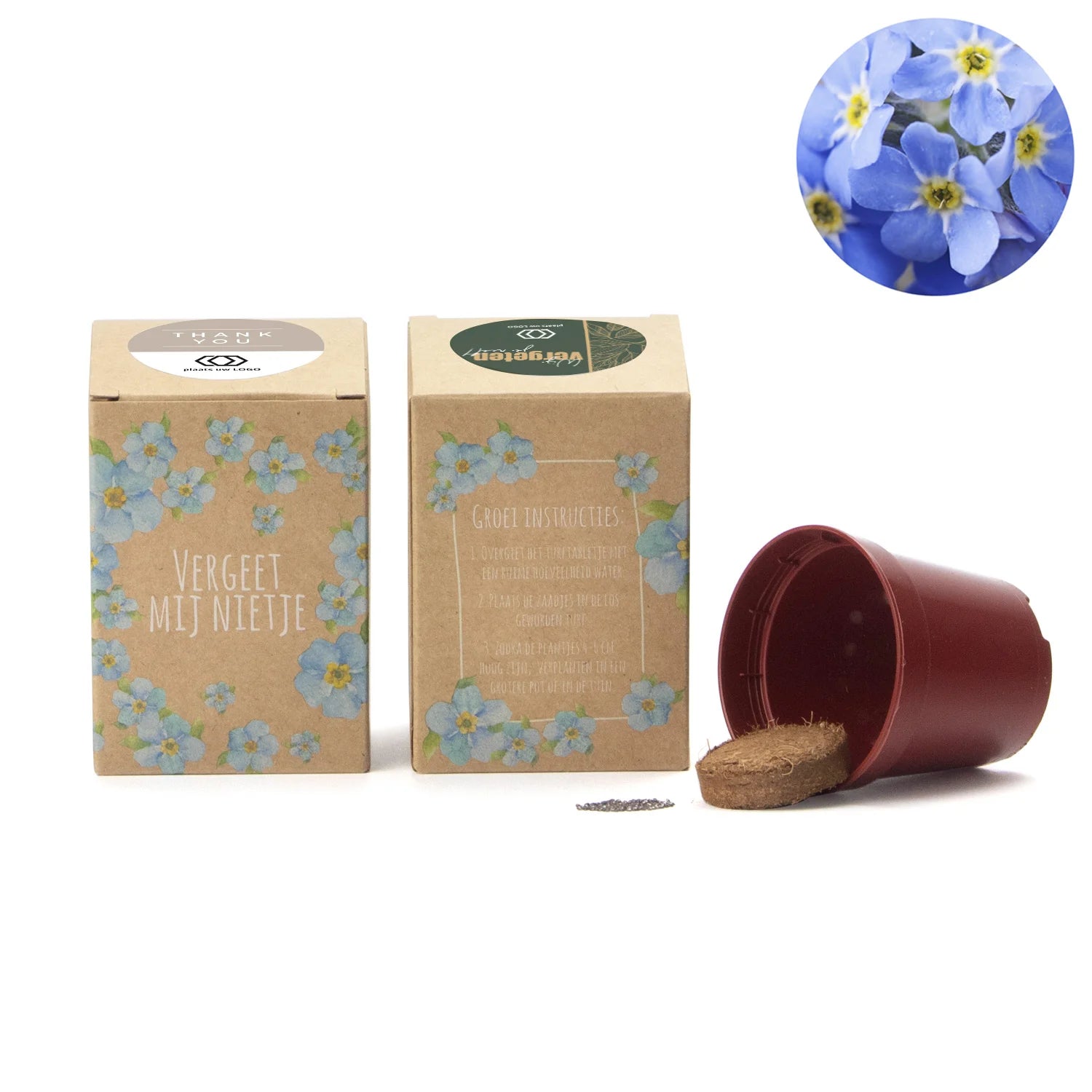 Vergeet mij nietjes kweekset met eigen etiket - Bedankjes.nl