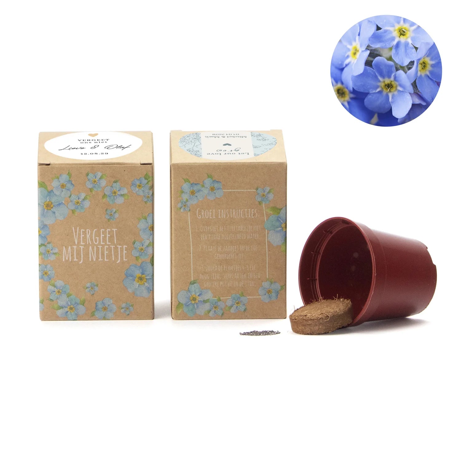 Vergeet mij nietjes kweekset met eigen etiket - Trouwen - Bedankjes.nl