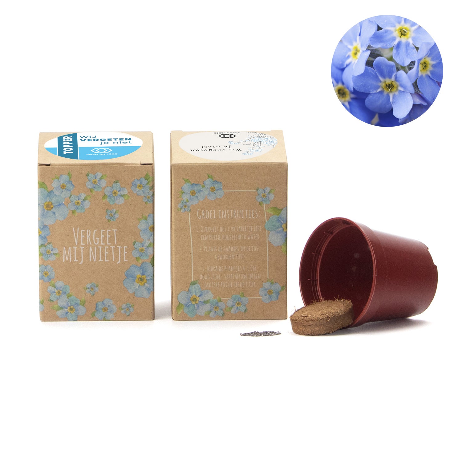 Vergeet mij nietjes kweekset met eigen etiket - Afscheid Dierbare - Bedankjes.nl