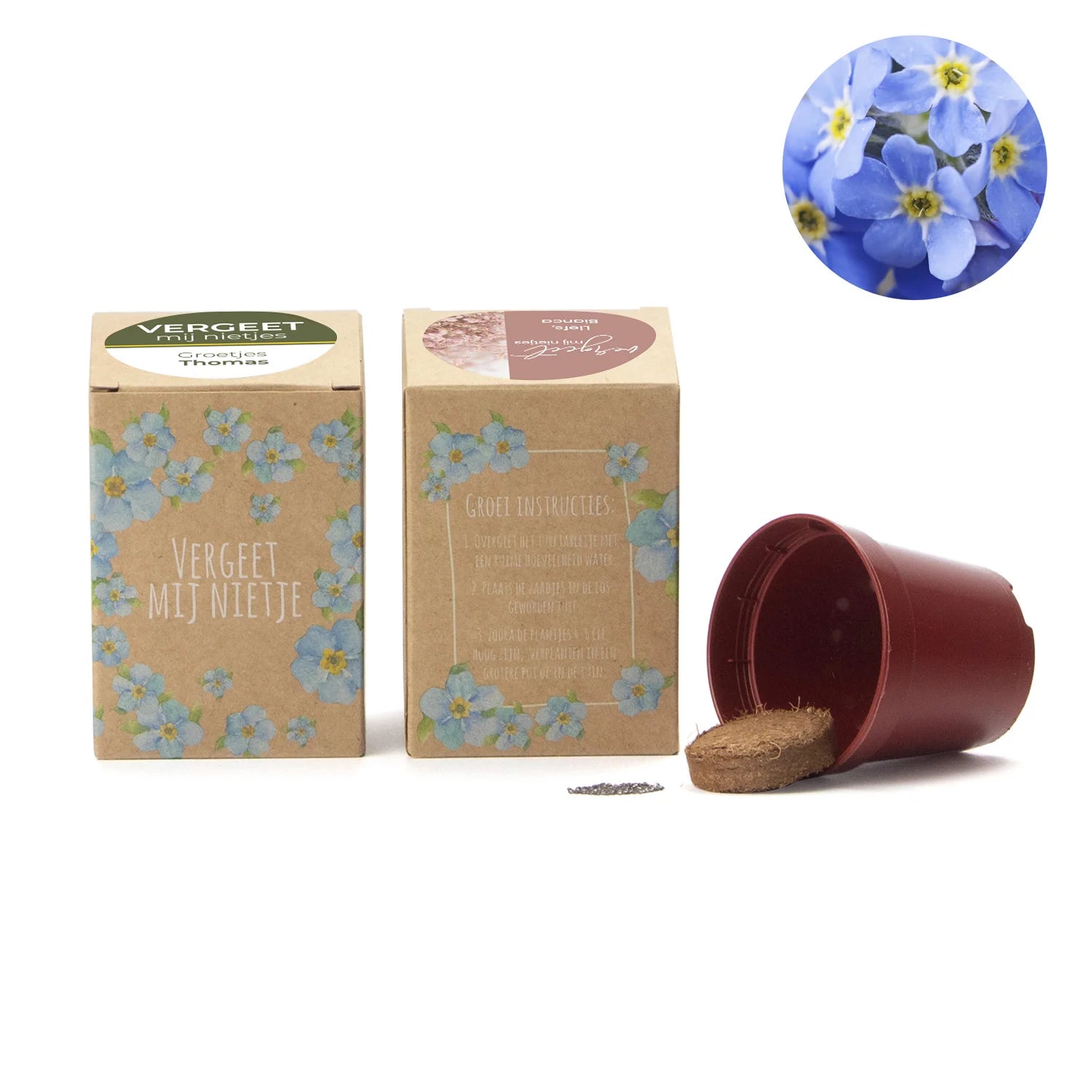 Vergeet mij nietjes kweekset met eigen etiket - Afscheid collega - Bedankjes.nl