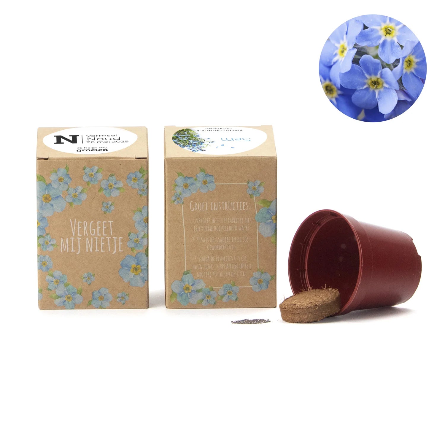 Vergeet mij nietjes kweekset met eigen etiket - Communie jongen - Bedankjes.nl