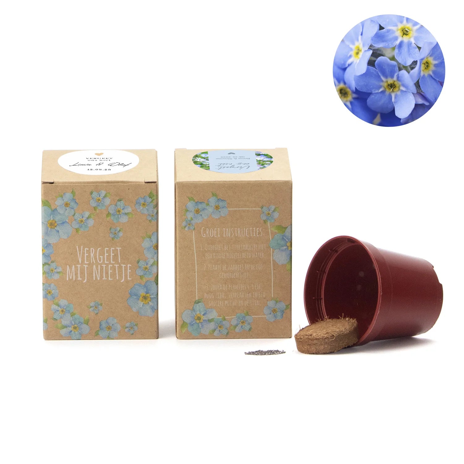 Vergeet mij nietjes kweekset met eigen etiket - Trouwen - Bedankjes.nl