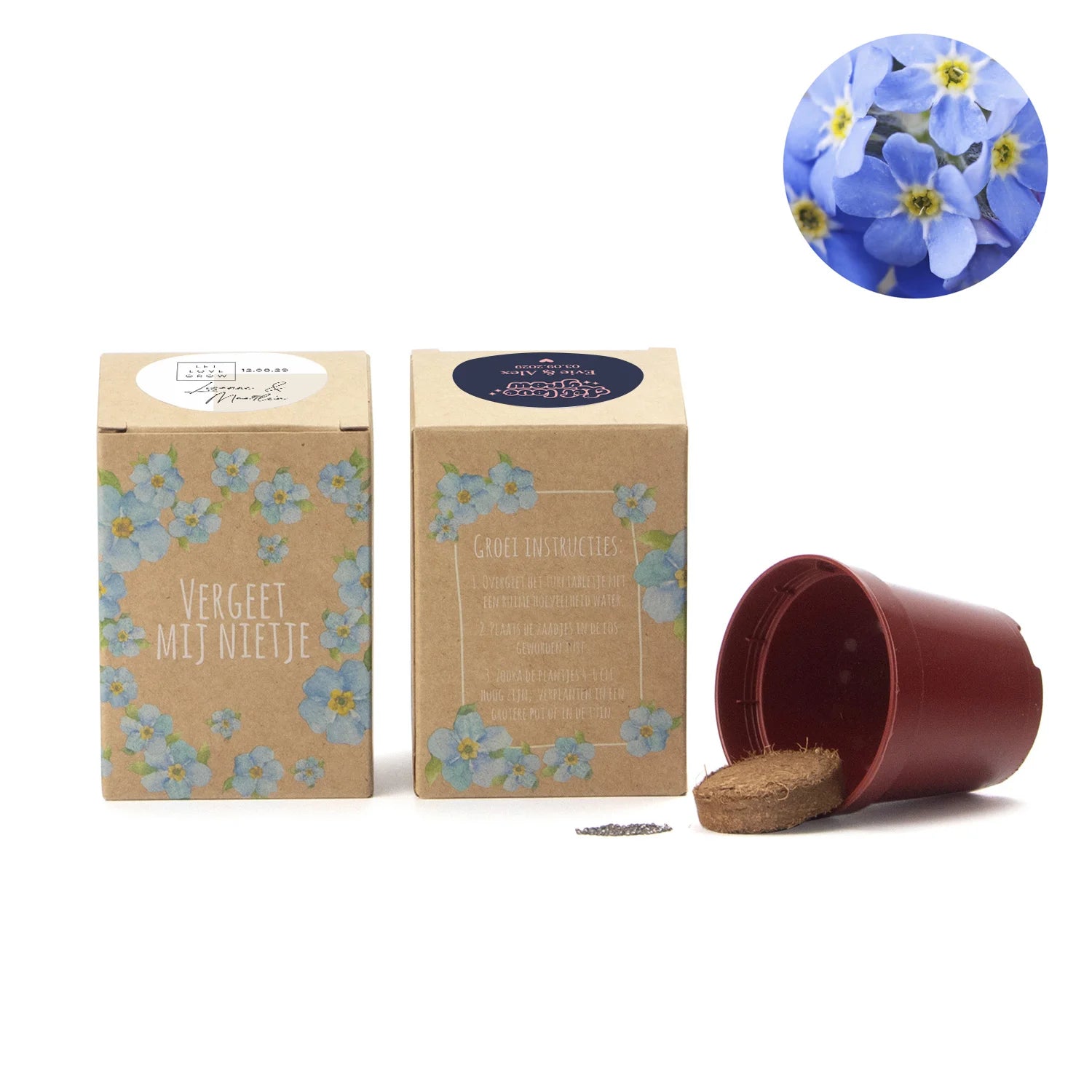 Vergeet mij nietjes kweekset met eigen etiket - Trouwen - Bedankjes.nl