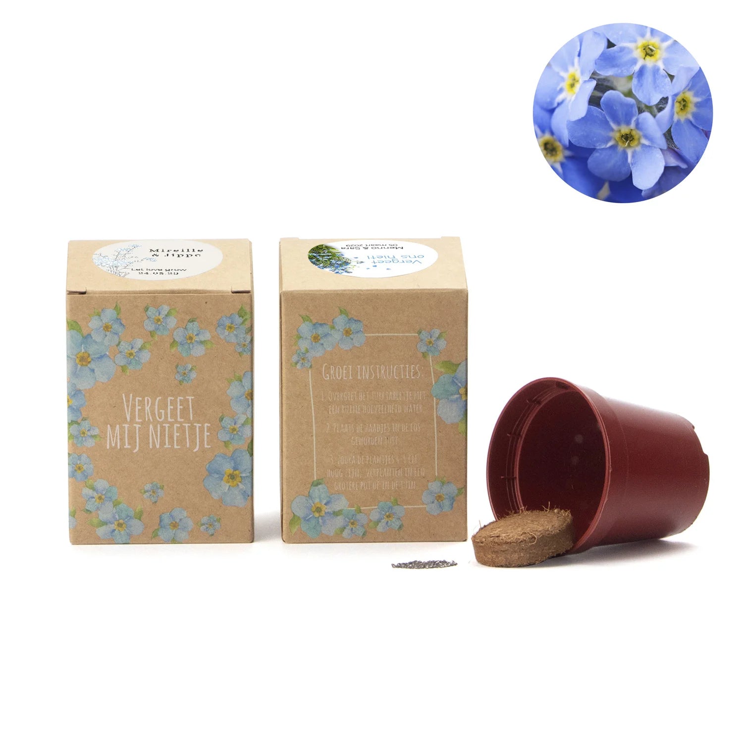 Vergeet mij nietjes kweekset met eigen etiket - Trouwen - Bedankjes.nl