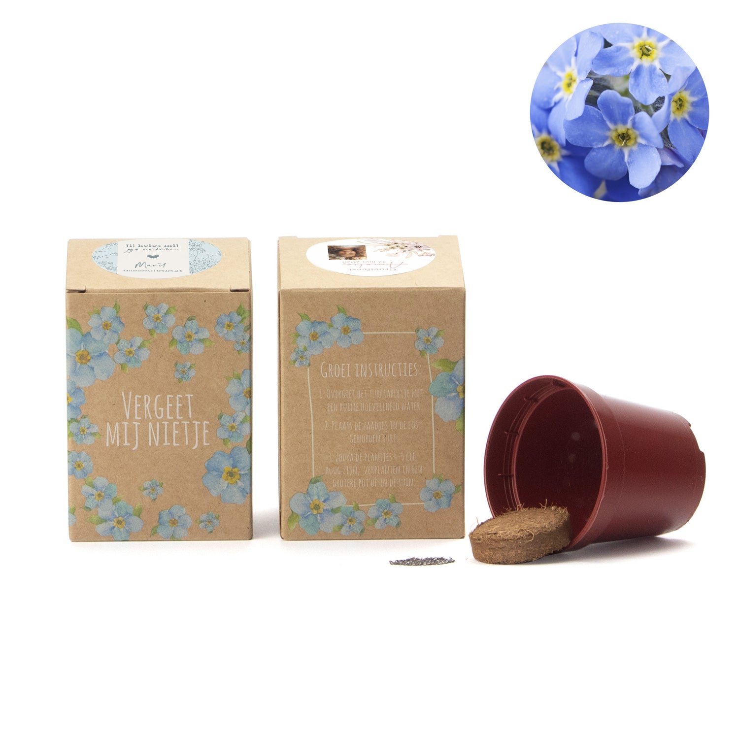 Vergeet mij nietjes kweekset met eigen etiket - Communie meisje - Bedankjes.nl