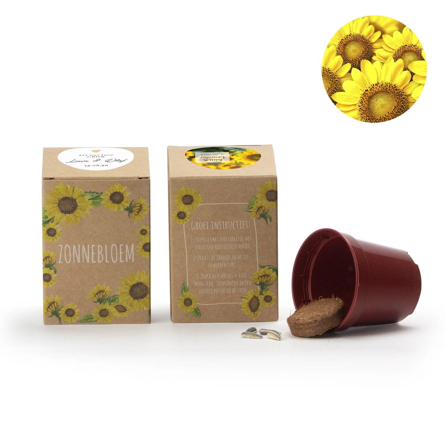 Zonnebloem kweekset met eigen etiket - Trouwen - Bedankjes.nl