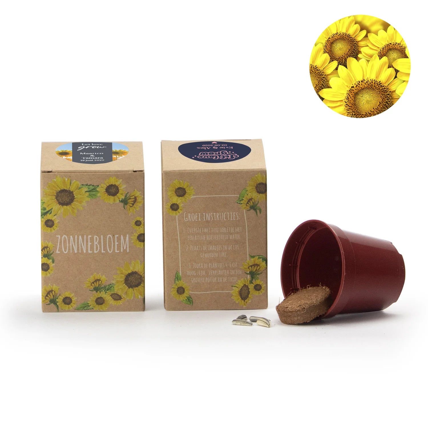 Zonnebloem kweekset met eigen etiket - Trouwen - Bedankjes.nl