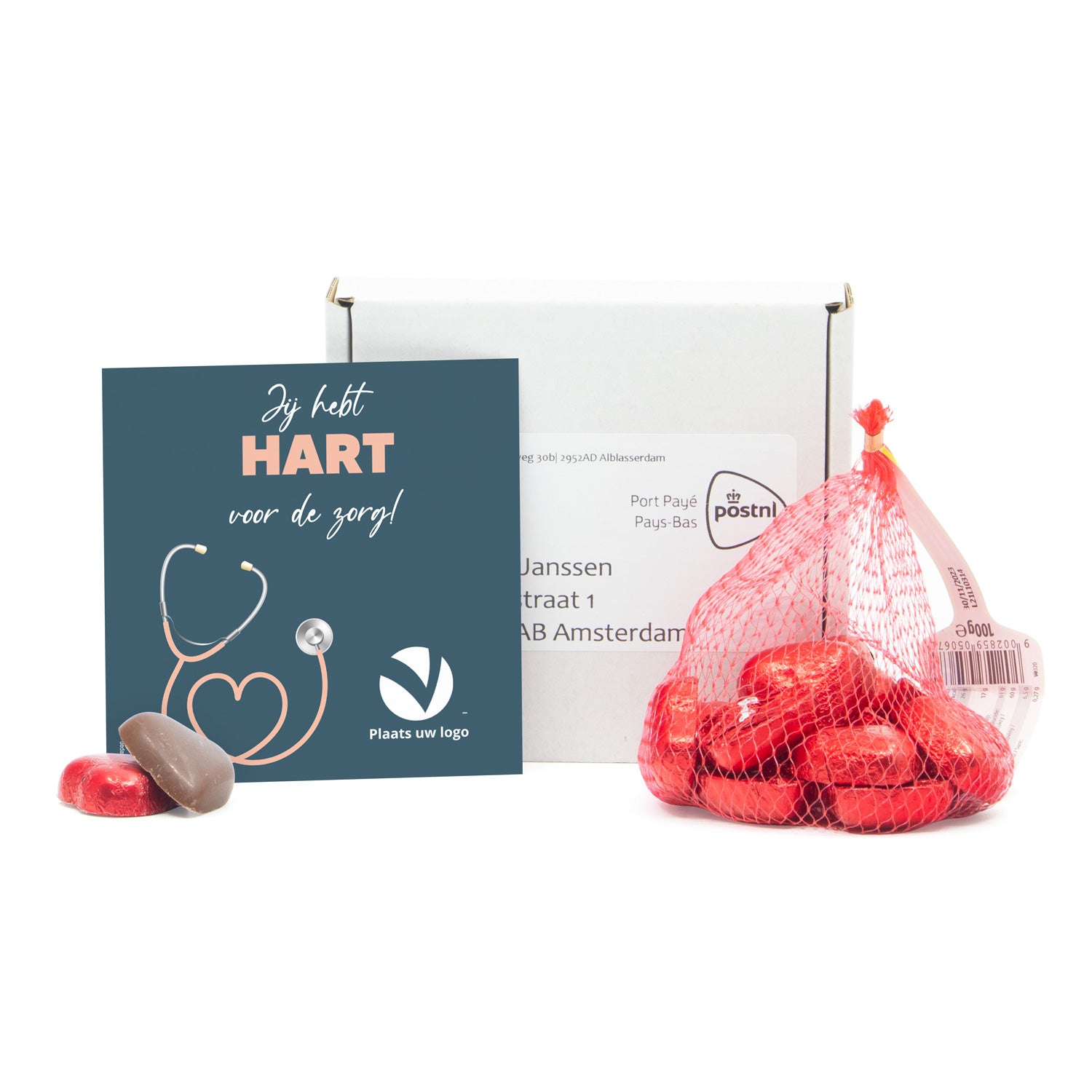 Doosje met chocolade harten in netje - Verpleging - Bedankjes.nl
