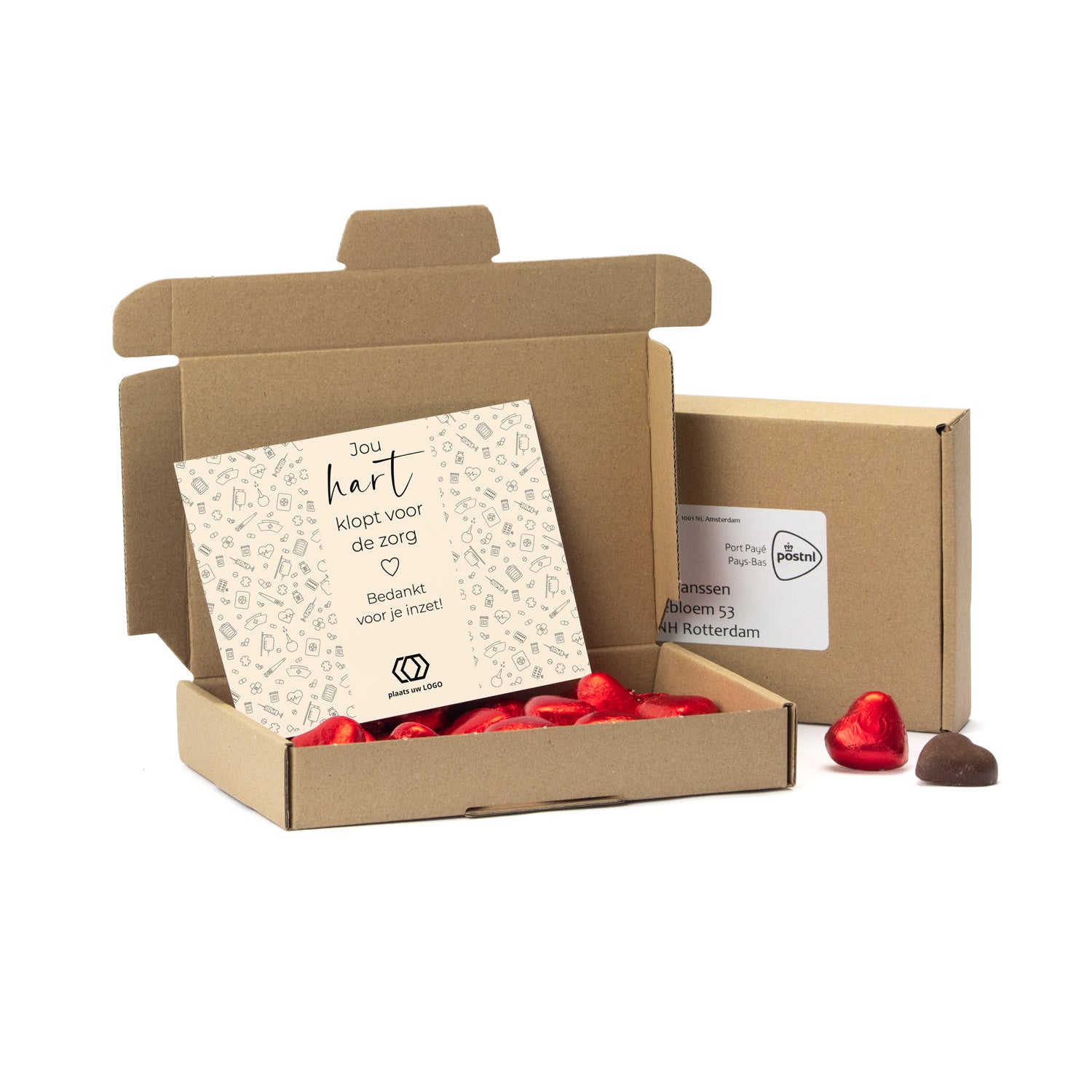Maildoosje met chocoladehartjes - Verpleging - Bedankjes.nl