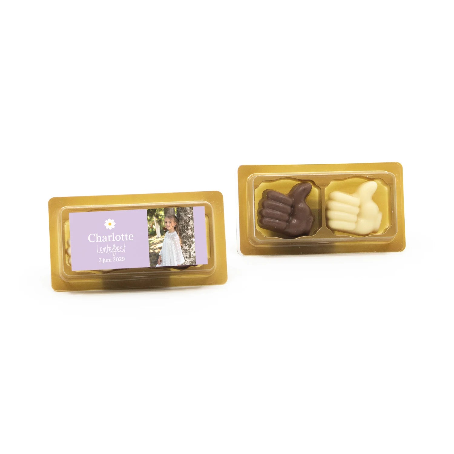 Doosje 2 chocolade duimpjes met eigen etiket - Communie meisjes