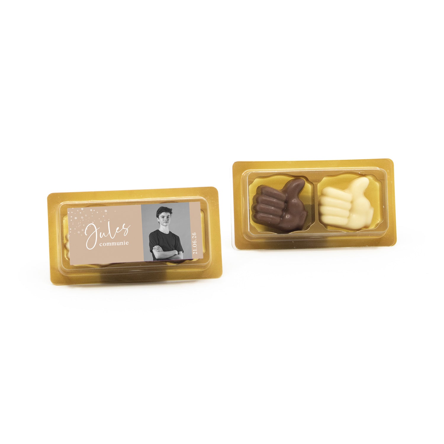 Doosje chocolade duimpjes 2 met eigen etiket - Communie jongens - Bedankjes.nl
