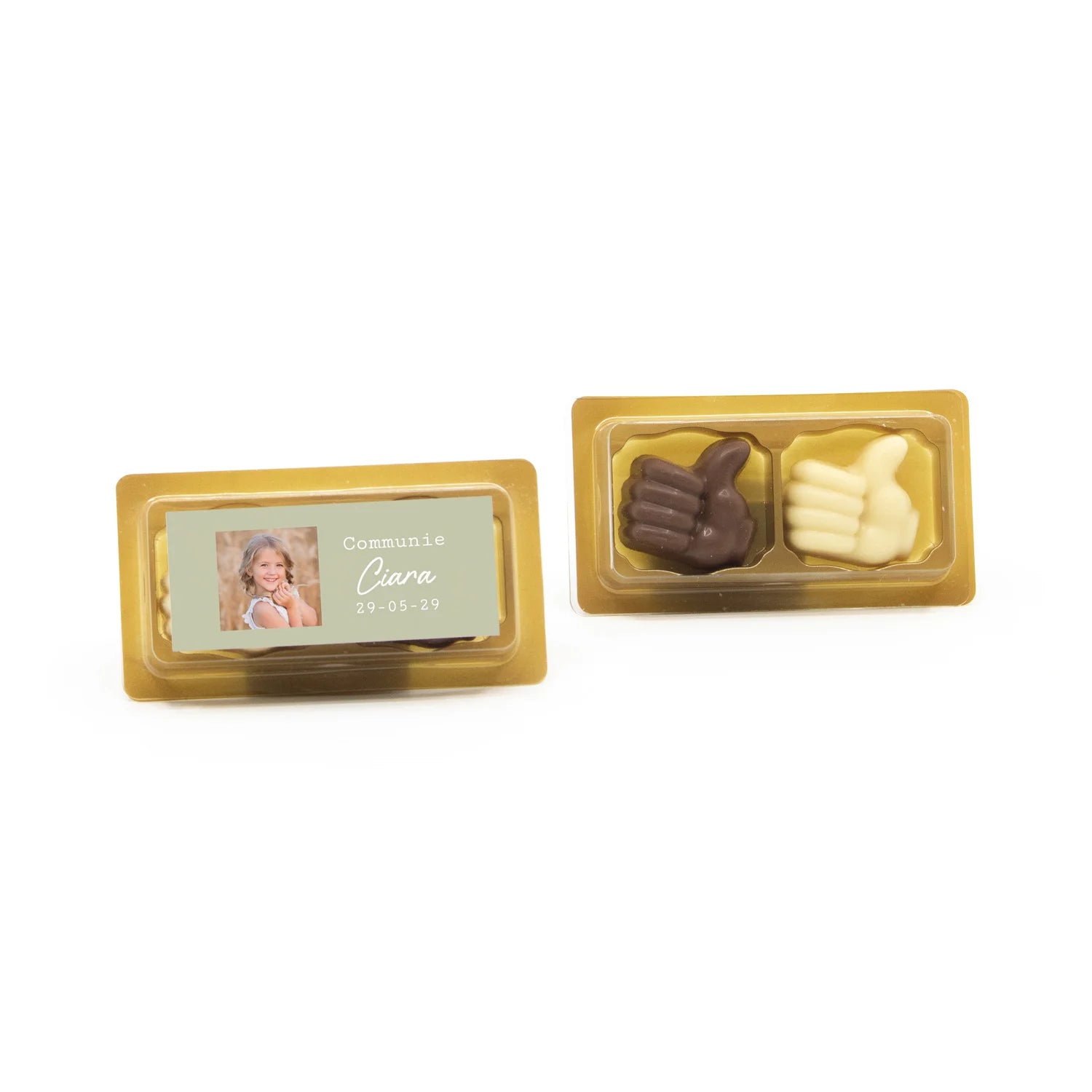 Doosje 2 chocolade duimpjes met eigen etiket - Communie meisjes