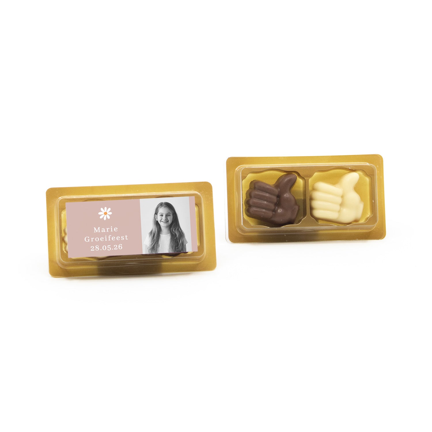 Doosje chocolade duimpjes 2 met eigen etiket - Communie meisjes - Bedankjes.nl