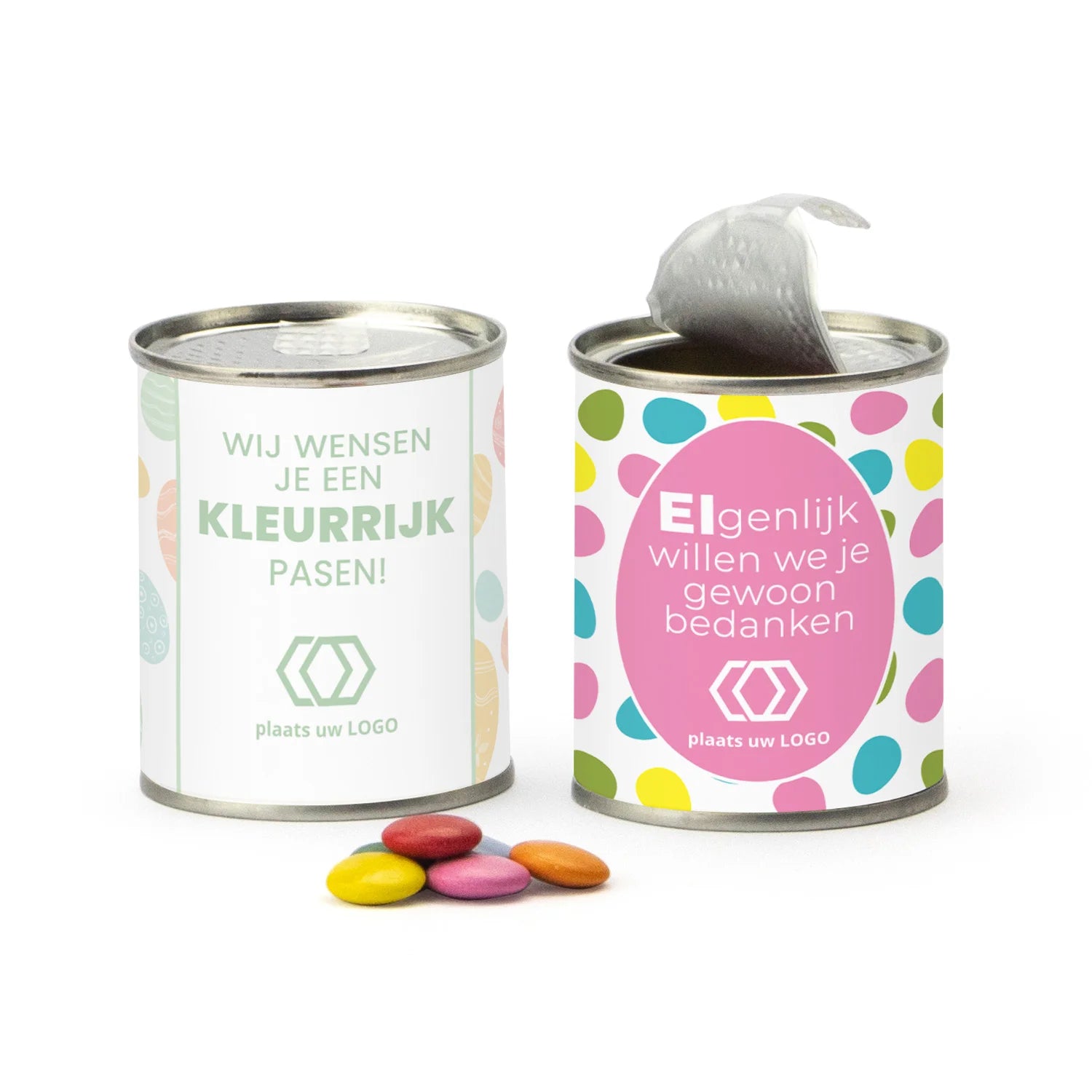 Blikje chocofeest met eigen wikkel - Pasen - Bedankjes.nl