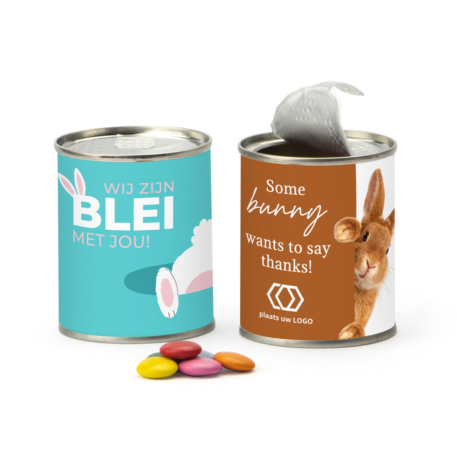 Blikje chocofeest met eigen wikkel - Pasen - Bedankjes.nl