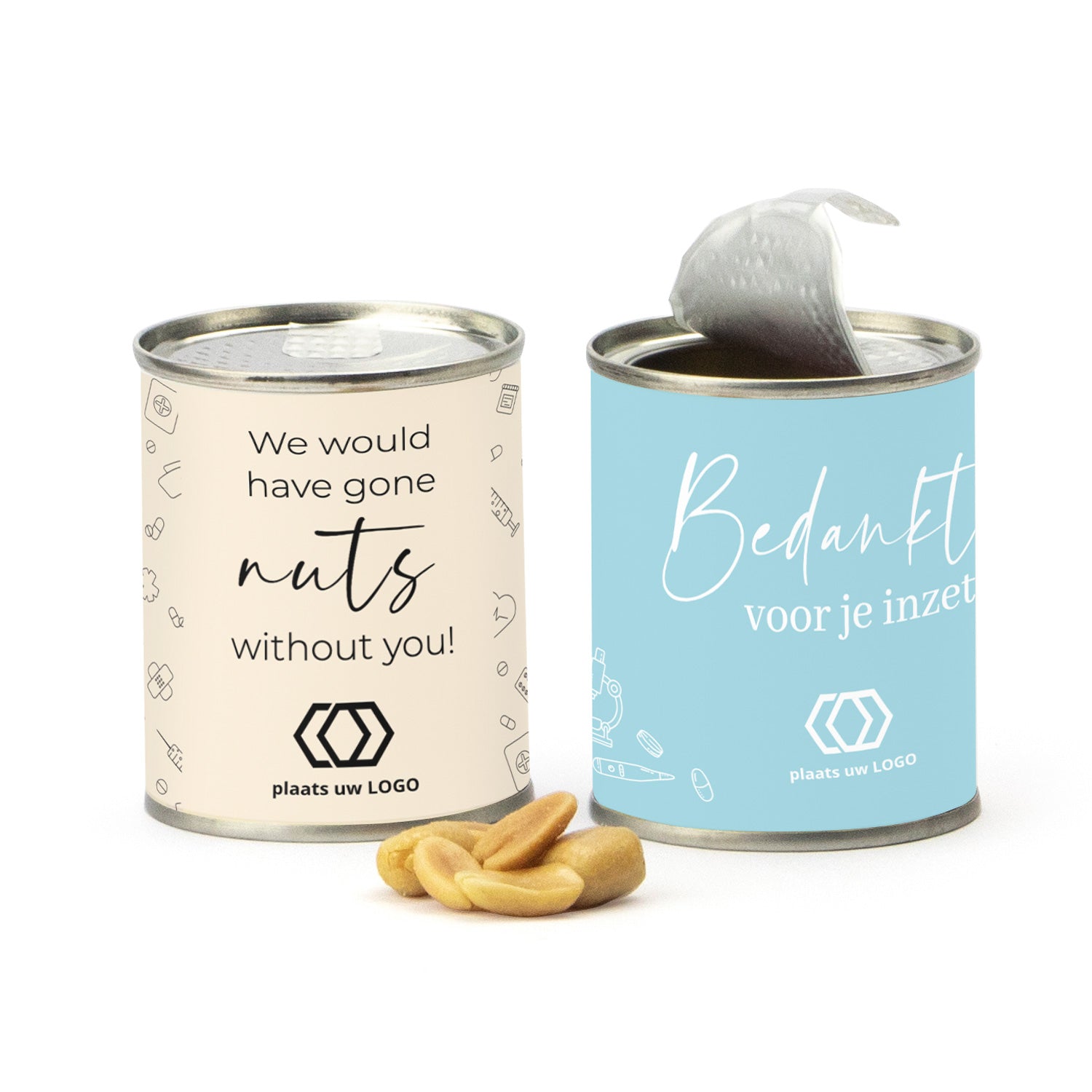 Blikje Zoute pinda's met logo - Verpleging - Bedankjes.nl