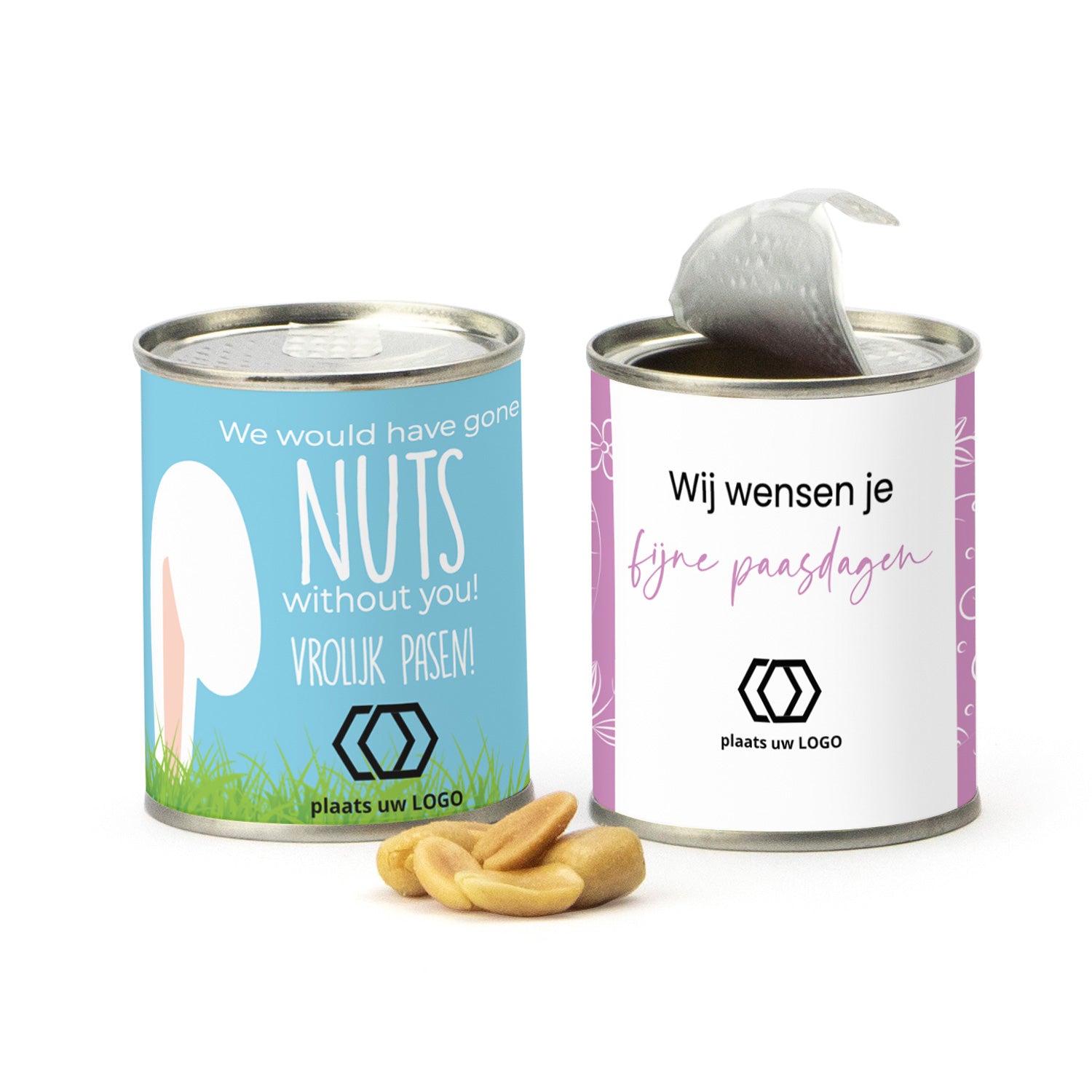 Blikje Zoute pinda's met logo - Pasen - Bedankjes.nl