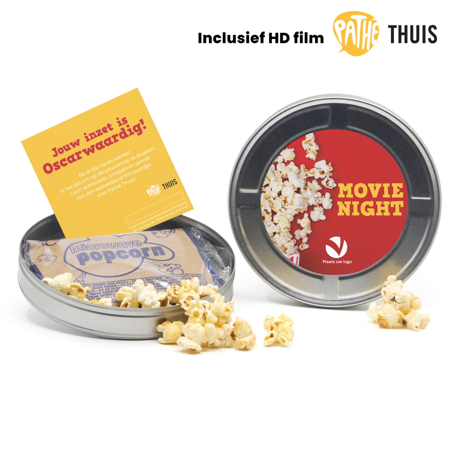 Filmblik met Pathé Thuis code en Magnetronpopcorn - Bedankjes.nl