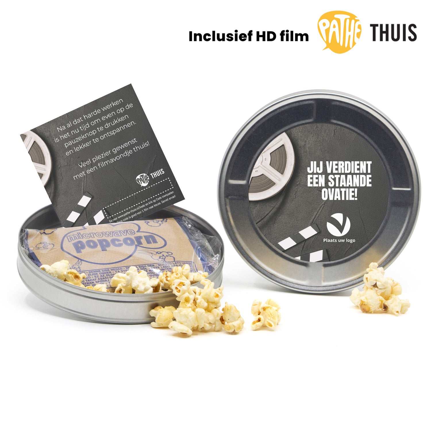 Filmblik met Pathé Thuis code en Magnetronpopcorn - Bedankjes.nl