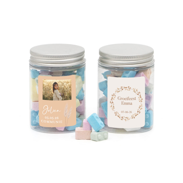 Potje met bouwsteentjes met eigen etiket - Communie meisjes Potje met bouwsteentjes met eigen etiket - Communie meisjes