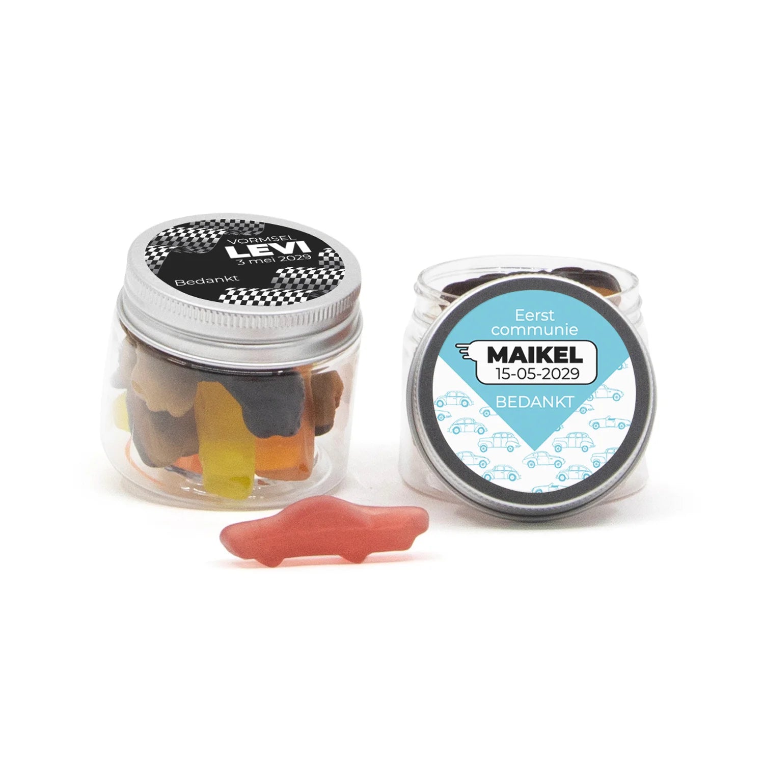 Potje autodrop met eigen etiket - Communie jongens